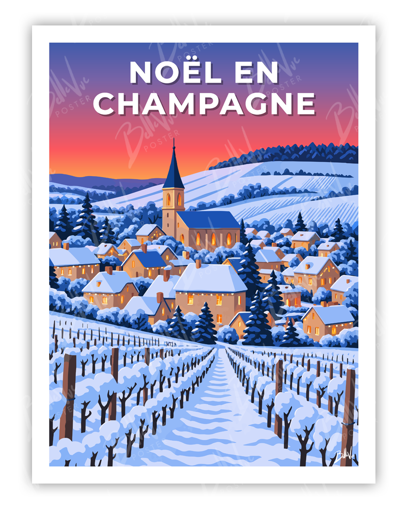 Affiche Noël en Champagne - illustration vintage, décoration murale, BelleVue Poster