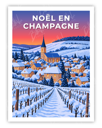 Affiche Noël en Champagne - illustration vintage, décoration murale, BelleVue Poster