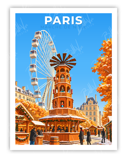 Affiche Marché de Noël - Paris - illustration vintage, décoration murale, BelleVue Poster