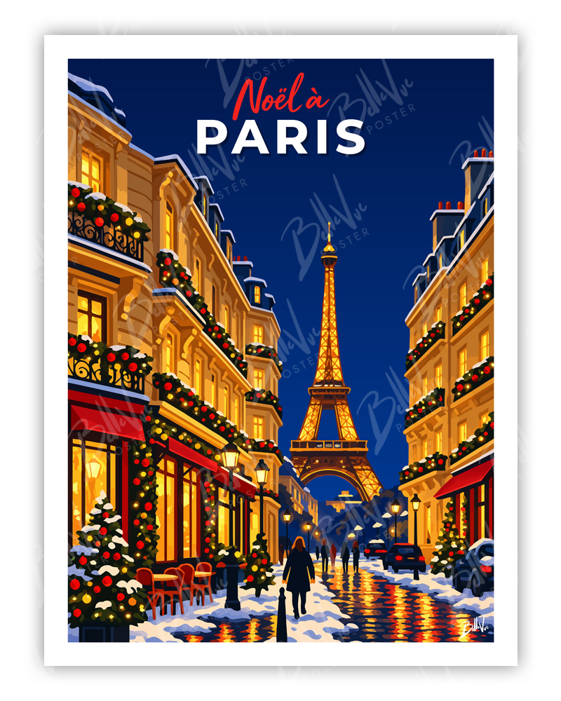 Affiche Noël à Paris - illustration vintage, décoration murale, BelleVue Poster