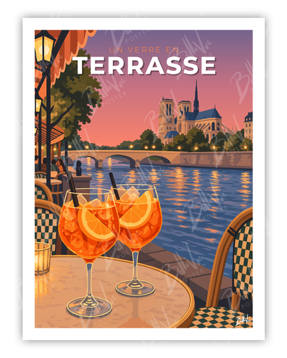 Affiche Un verre en terrasse - illustration vintage, décoration murale, BelleVue Poster