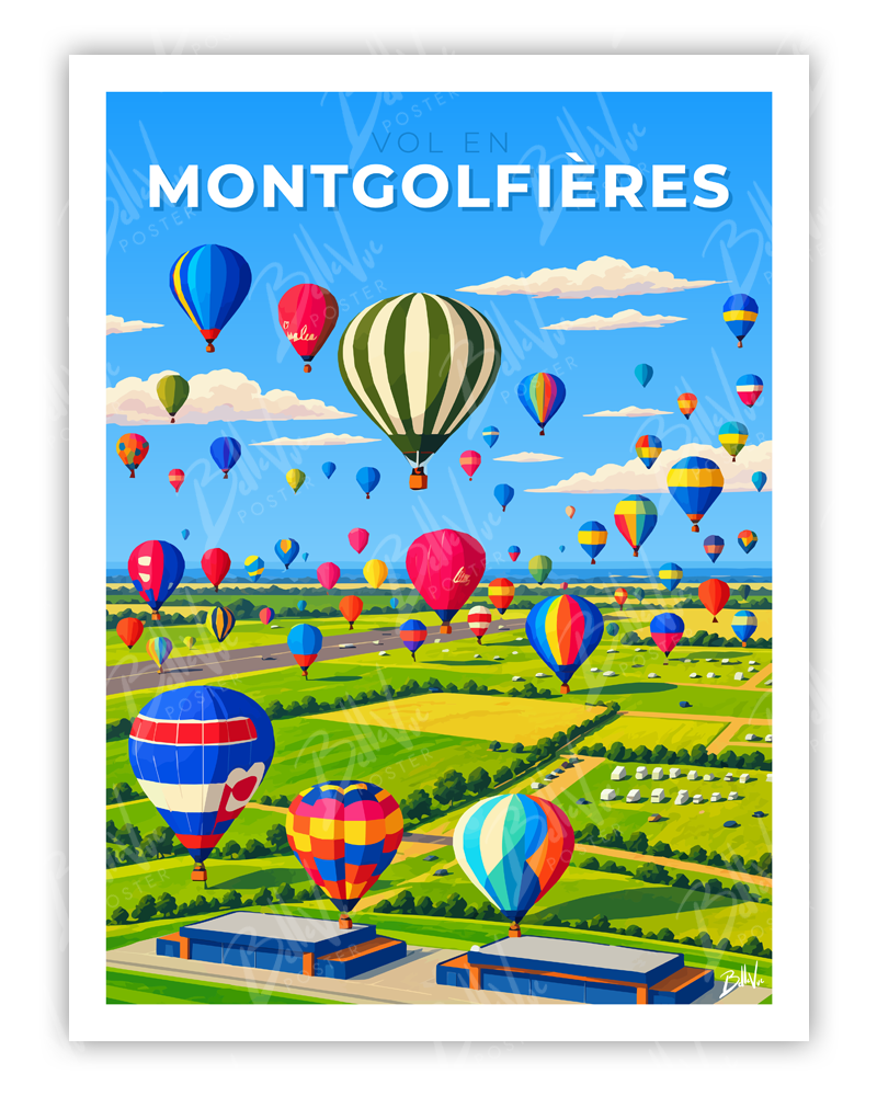 Affiche Vol en montgolfières - illustration vintage, décoration murale, BelleVue Poster