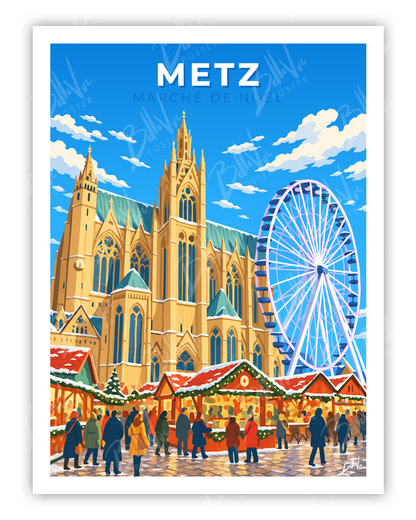 Affiche Metz - Marché de Noël - illustration vintage, décoration murale, BelleVue Poster