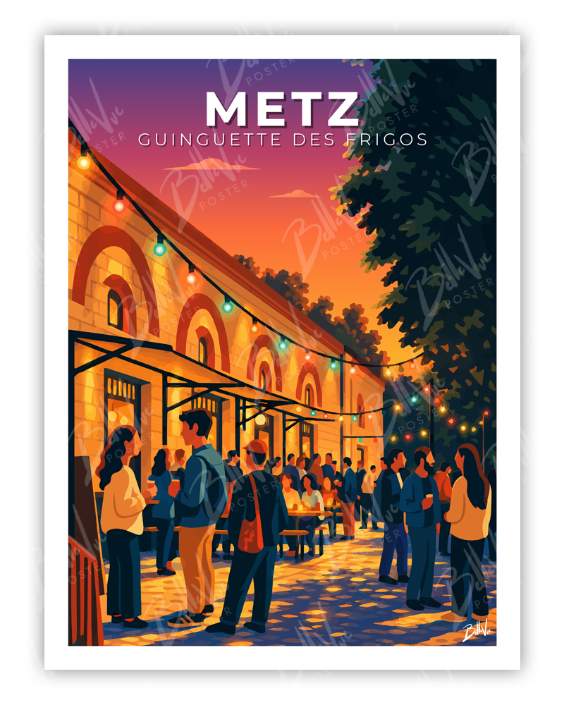 Affiche Metz - Guinguette des Frigos - illustration vintage, décoration murale, BelleVue Poster