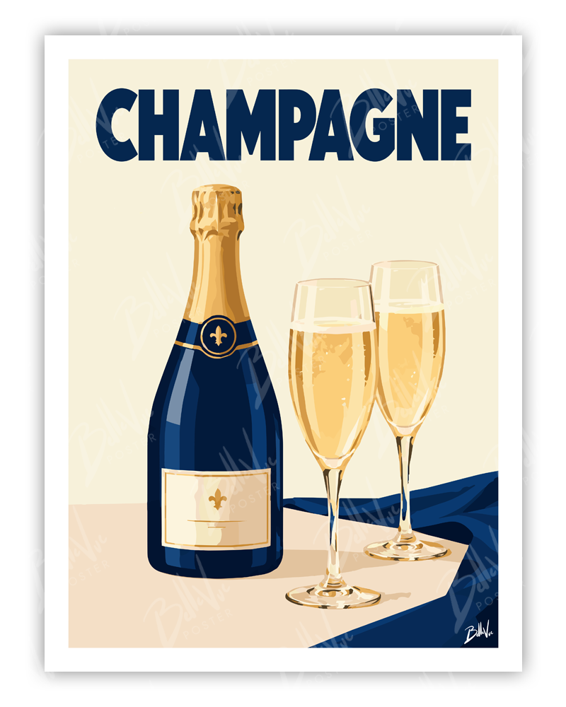 Affiche Champagne - illustration vintage, décoration murale, BelleVue Poster