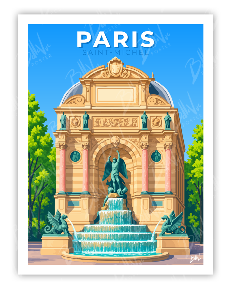 Affiche Paris - Saint-Michel - illustration vintage, décoration murale, BelleVue Poster