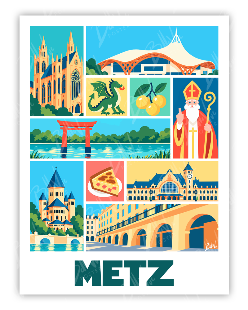 Affiche Metz - Mosaïque - illustration vintage, décoration murale, BelleVue Poster