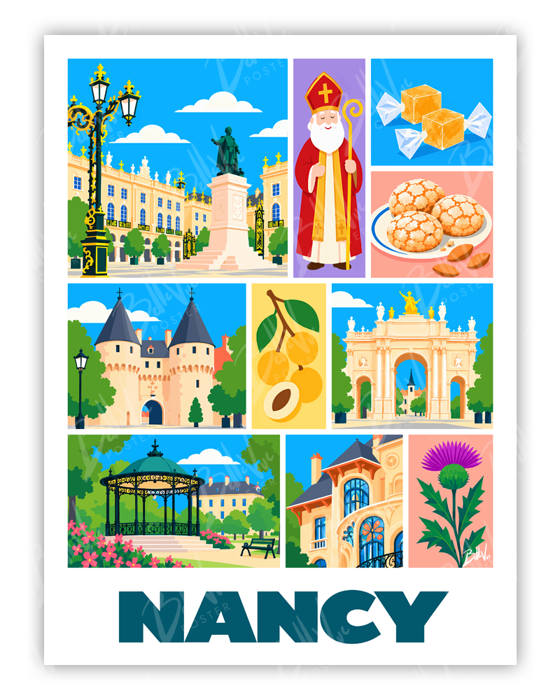 Affiche Nancy - Mosaïque - illustration vintage, décoration murale, BelleVue Poster
