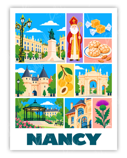Affiche Nancy - Mosaïque - illustration vintage, décoration murale, BelleVue Poster