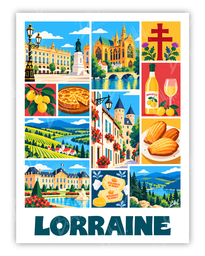 Affiche Lorraine - Mosaïque - illustration vintage, décoration murale, BelleVue Poster