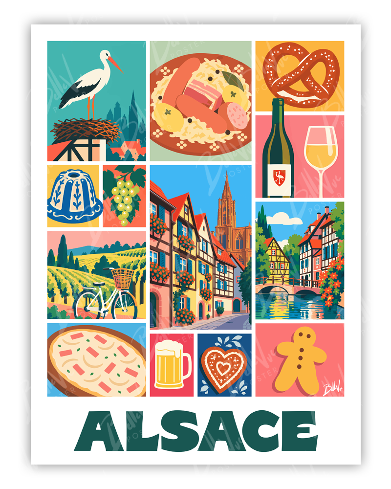 Affiche Alsace - Mosaïque - illustration vintage, décoration murale, BelleVue Poster