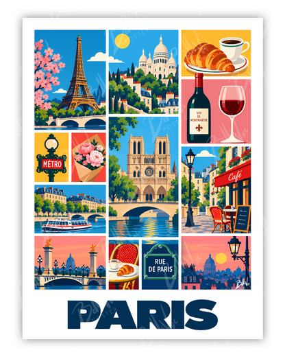 Affiche Paris - Mosaïque - illustration vintage, décoration murale, BelleVue Poster