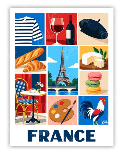 Affiche France - Mosaïque - illustration vintage, décoration murale, BelleVue Poster