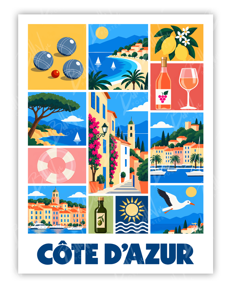 Affiche Côte d'Azur - Mosaïque - illustration vintage, décoration murale, BelleVue Poster