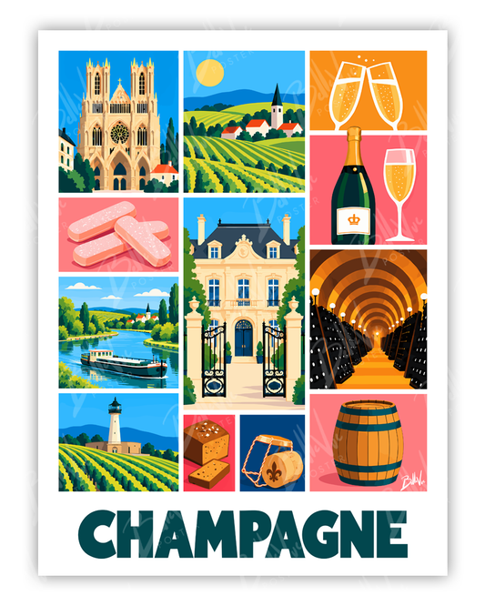 Affiche Champagne - Mosaïque - illustration vintage, décoration murale, BelleVue Poster