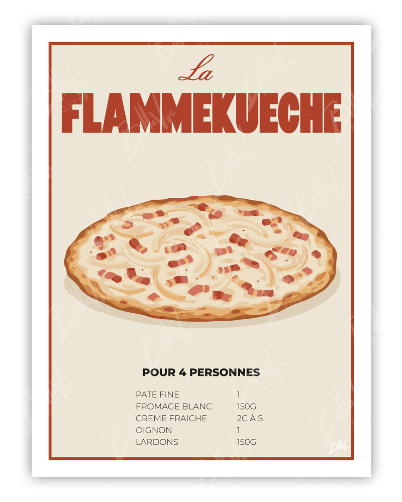 Affiche Recette de la flammekueche - illustration vintage, décoration murale, BelleVue Poster
