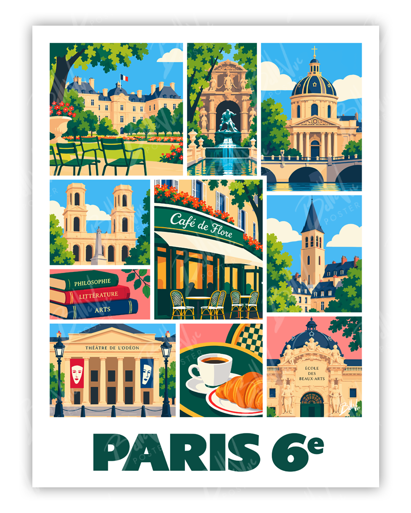 Affiche Paris 6e - Mosaïque - illustration vintage, décoration murale, BelleVue Poster
