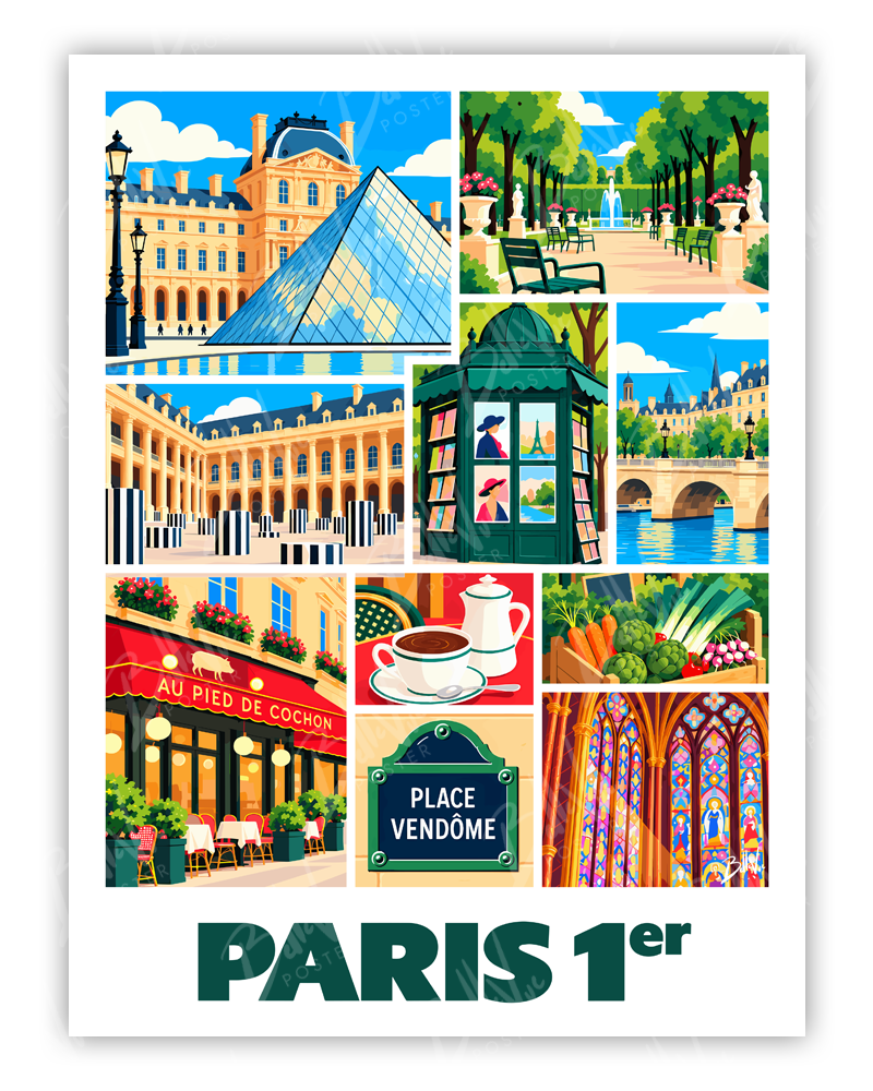 Affiche Paris 1er - Mosaïque - illustration vintage, décoration murale, BelleVue Poster