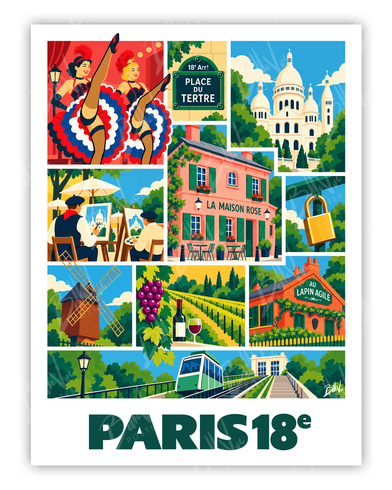 Affiche Paris 18e - Mosaïque - illustration vintage, décoration murale, BelleVue Poster