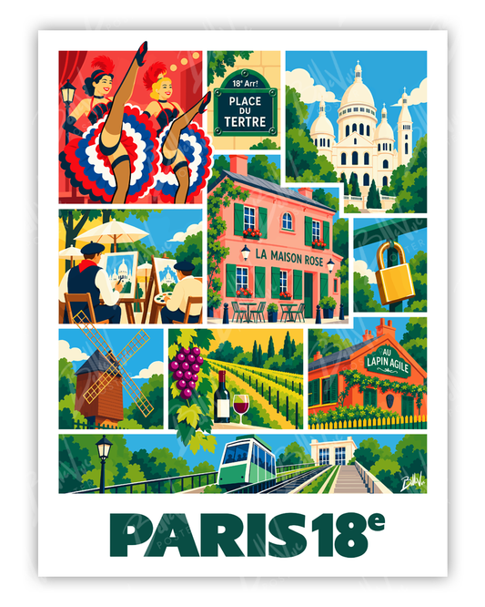 Affiche Paris 18e - Mosaïque - illustration vintage, décoration murale, BelleVue Poster