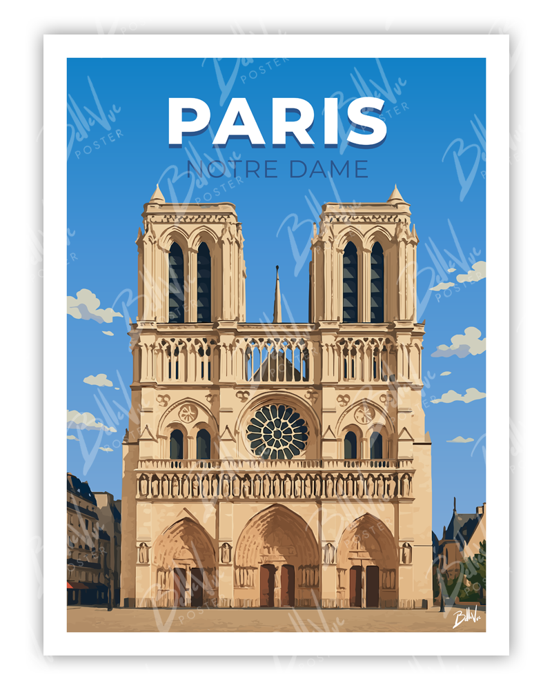 Affiche Paris Notre Dame - illustration vintage, décoration murale, BelleVue Poster