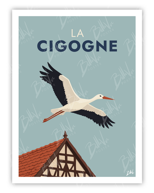 Affiche Cigogne - illustration vintage, décoration murale, BelleVue Poster