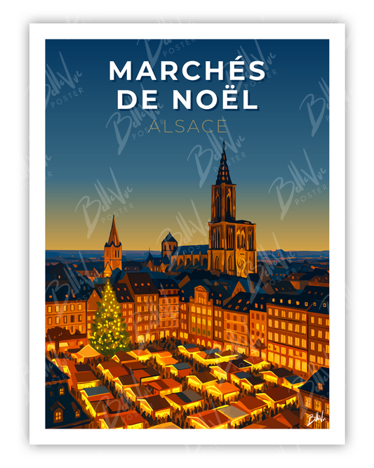 Affiche Marchés de Noël en Alsace - illustration vintage, décoration murale, BelleVue Poster
