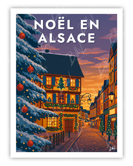 Affiche Noël en Alsace - illustration vintage, décoration murale, BelleVue Poster