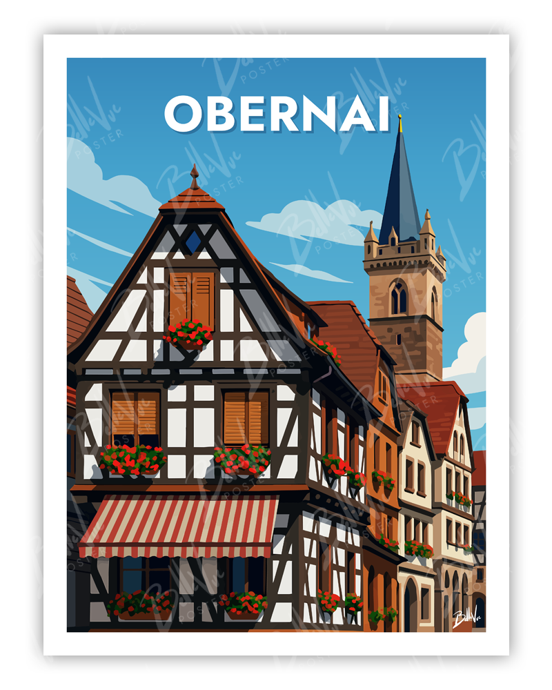 Affiche Obernai - illustration vintage, décoration murale, BelleVue Poster