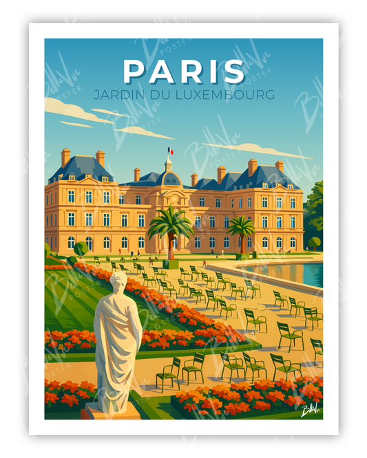 Affiche Paris Jardin du Luxembourg - illustration vintage, décoration murale, BelleVue Poster