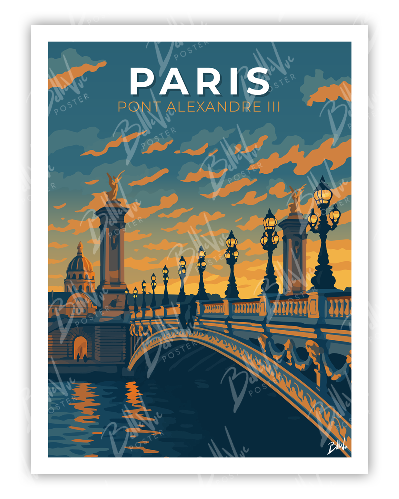 Affiche Paris Pont Alexandre III - illustration vintage, décoration murale, BelleVue Poster