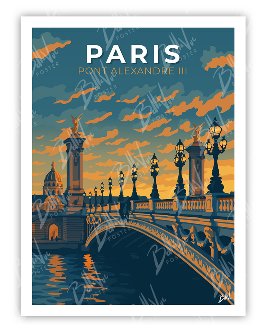 Affiche Paris Pont Alexandre III - illustration vintage, décoration murale, BelleVue Poster