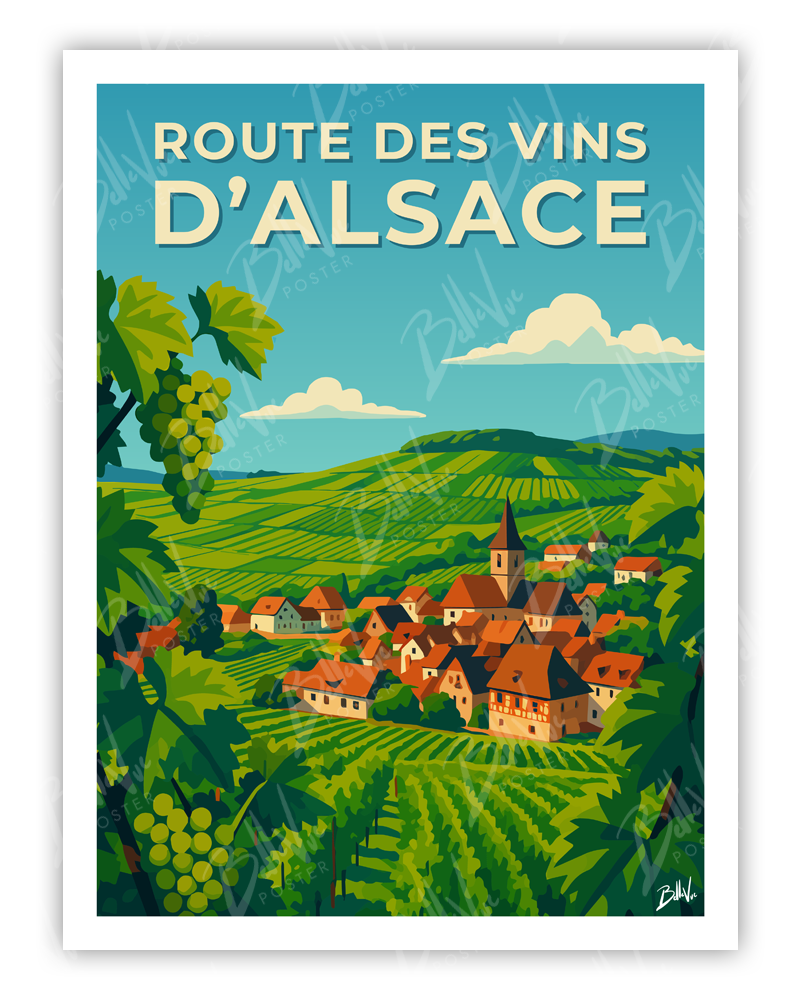 Affiche Route des vins d'Alsace - illustration vintage, décoration murale, BelleVue Poster