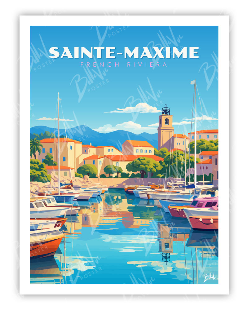 Affiche Sainte-Maxime - French Riviera - illustration vintage, décoration murale, BelleVue Poster
